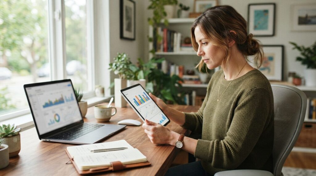Female e-commerce entrepreneur reviewing Google Ads performa