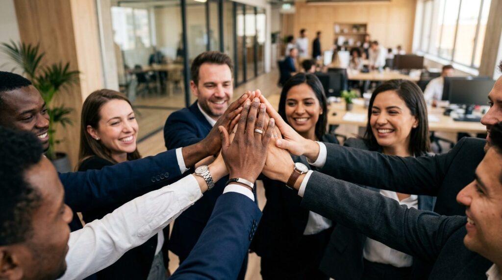 Close-up of diverse business colleagues putting their hands 