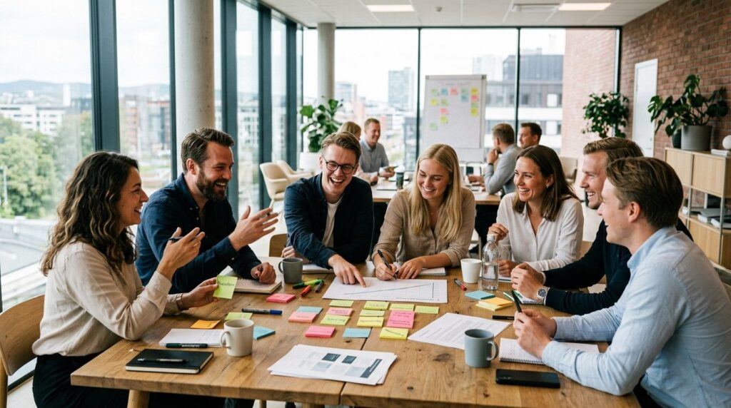 Group of young professionals and managers engaged in a fun i