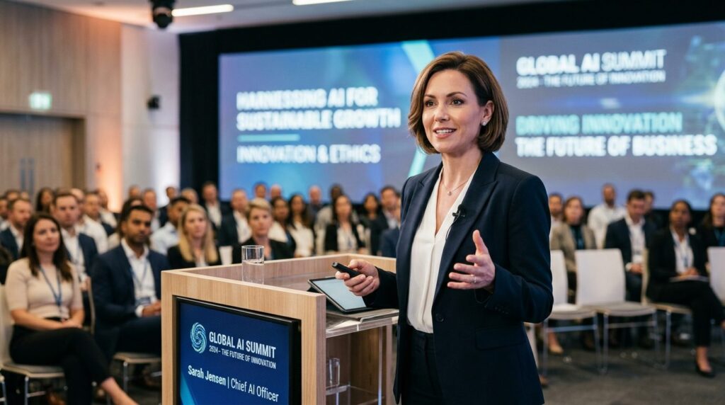 Close-up of a confident female speaker with polished appeara