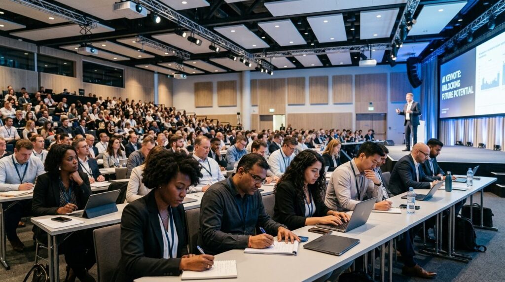 Wide-angle view of a diverse group of business professionals