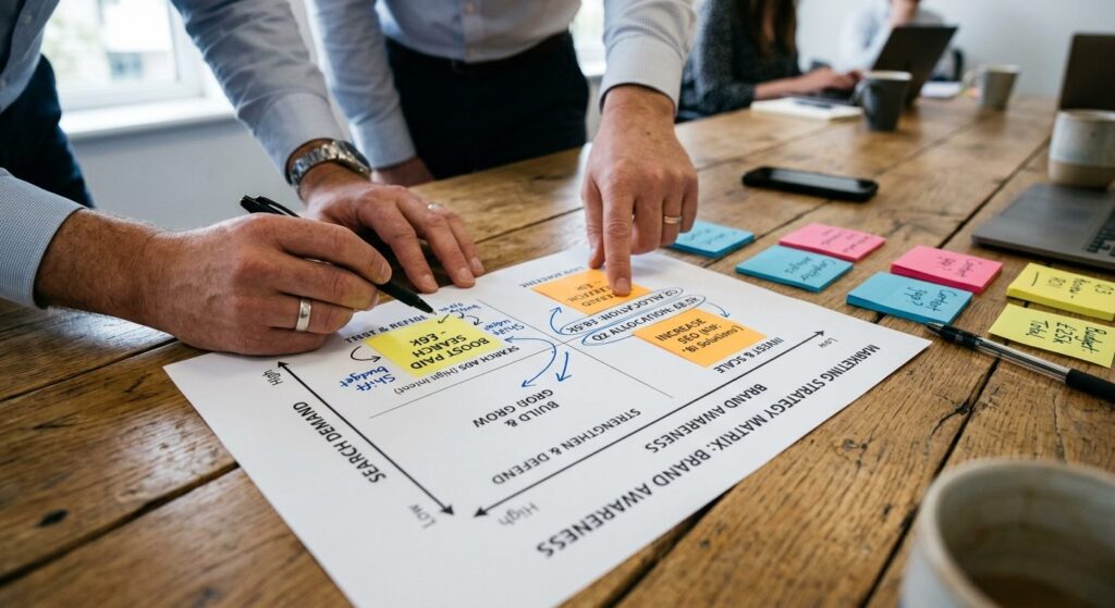 Close-up of hands pointing at a printed marketing strategy m