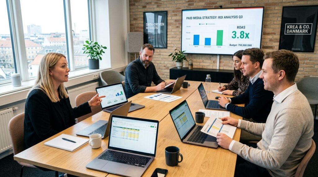 Wide shot of a small Danish marketing agency team in a colla