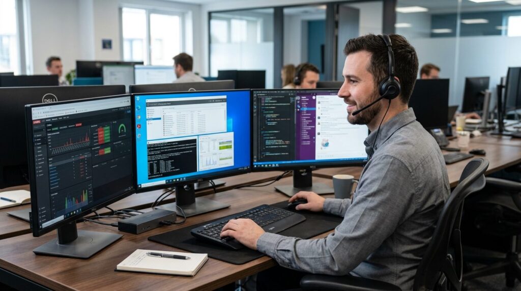 IT-tekniker yder fjernhjælp fra sit skrivebord.
