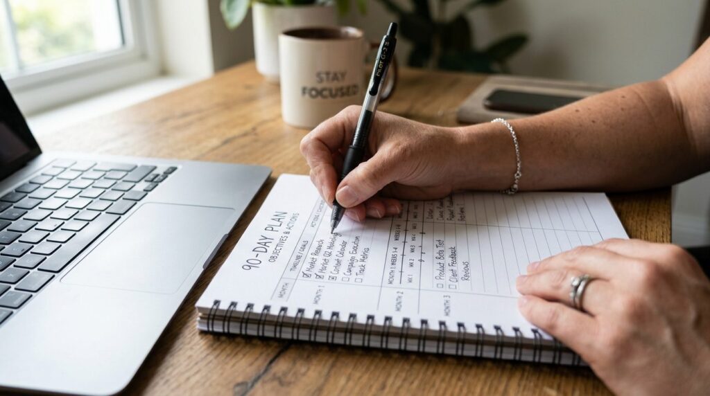 Close-up photorealistic image of hands writing a 90-day plan
