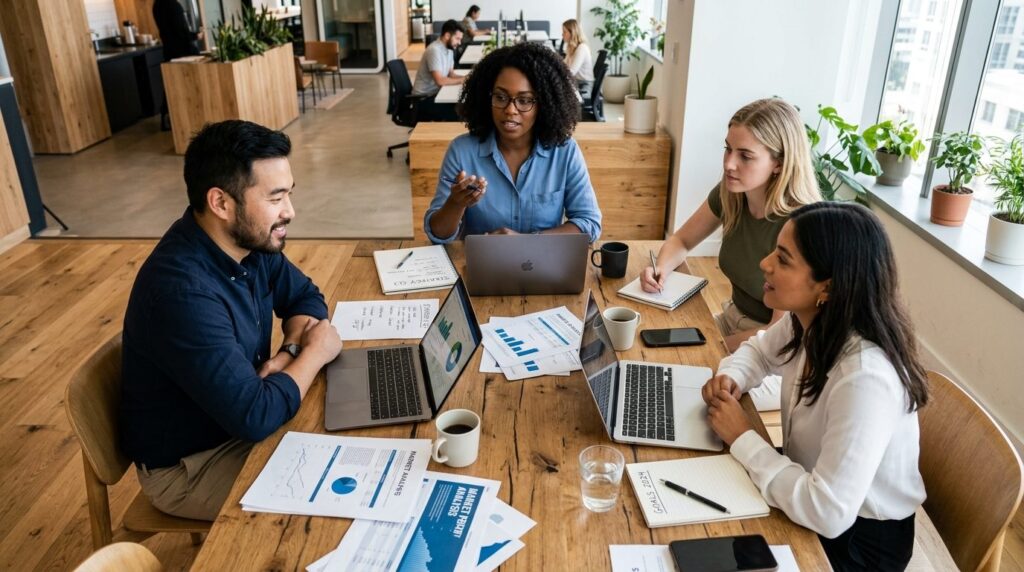 Photorealistic image of a small business team of 3-4 diverse