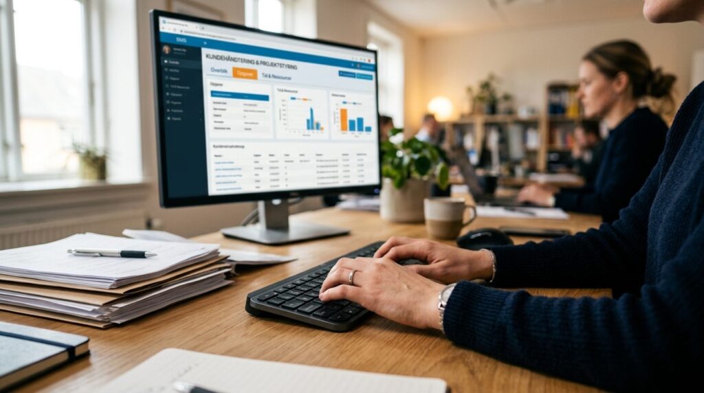 Close-up of hands typing on keyboard with custom business ma