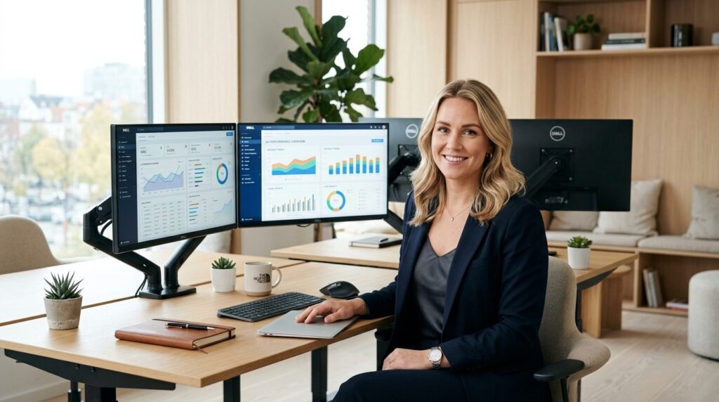 Female entrepreneur at desk surrounded by organized digital 